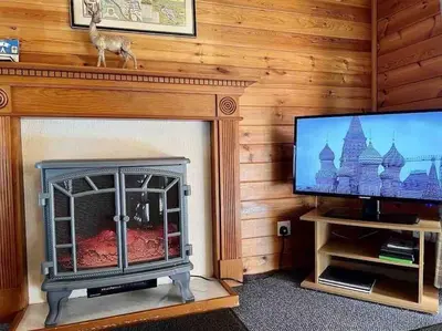 a living room with a fireplace and a flat screen tv at Secluded Pine Lodge 2 in Wigton