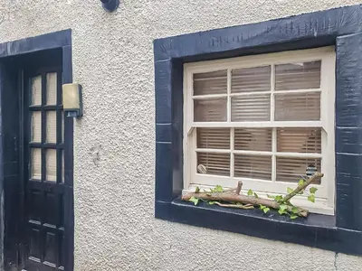 a window of a building with a tree branch in it at Market Place in Workington