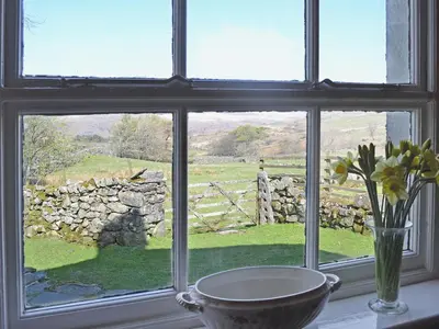 a window with a vase of flowers and a stone wall at Birkerthwaite Farmhouse in Eskdale