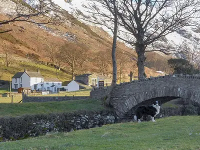 a cat standing next to a stone bridge at Bram Crag Barn in Legburthwaite