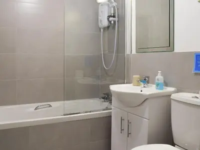 a bathroom with a shower and a toilet and a sink at Lowther - Np2801 in Dockray