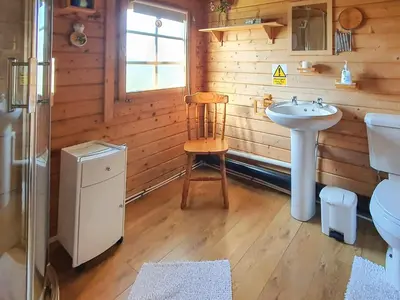 a bathroom with a sink and a wooden wall at Hedgehog Meadows in Waverton
