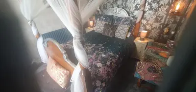 an overhead view of a bedroom with a bed and curtains at Kirkcroft Guest House in Gretna