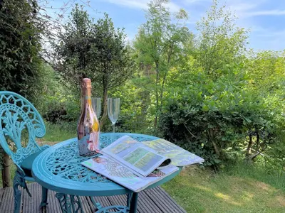 a bottle of wine sitting on a table with a book at Beautiful 2BR Beach Lodge Set In Stunning Gardens - Pass the Keys in Dalbeattie