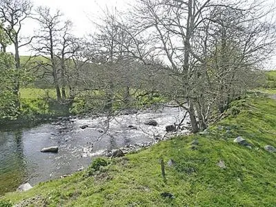 a river with rocks and trees next to a field at Kilpatrick Farm House in Pinmore