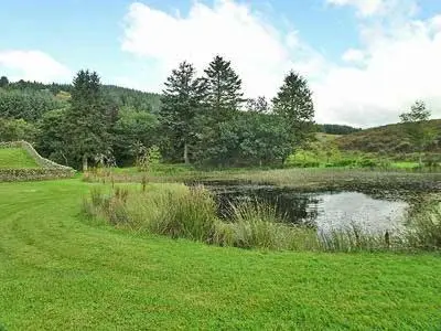 a grassy field with a pond in the middle at Marwhin Cottage - Swws in Kirkpatrick Durham
