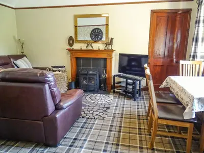 a living room with a couch and a fireplace at Blaeberry Cottage - 28061 in Dinwoodie Mains