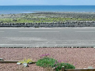 an empty road with flowers on the side of a beach at Winloma in Port William