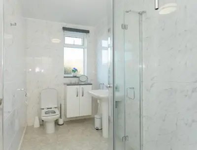 a bathroom with a toilet and a sink and a shower at High Auchenlarie Cottage in Gatehouse of Fleet