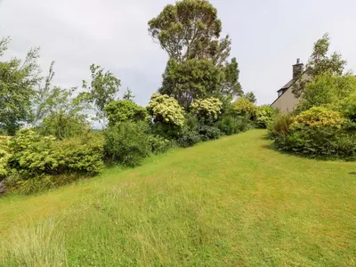 a grassy hill next to a house with trees and bushes at Knockendoch in Dumfries