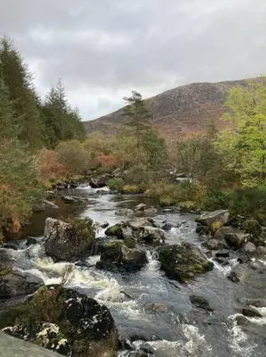 a stream of water with rocks and trees at Polharrow in Dalry