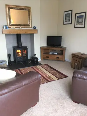 a living room with a fireplace and a television at Laghead Steading Cottage in Gatehouse of Fleet