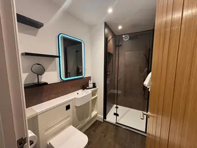 a bathroom with a shower and a toilet and a sink at Braithwaite House Rooms in Braithwaite