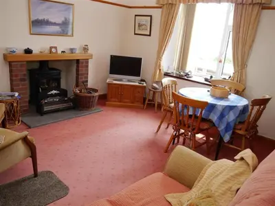 a living room with a table and a fireplace at Branta Cottage in Dumfries