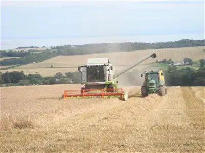 a tractor and a combine harvesting a field of wheat at Criffel Glen in Dumfries