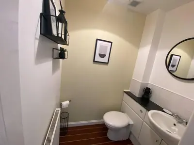 a bathroom with a toilet and a sink and a mirror at Lanfine View 1 at Loudoun Mains with Hot Tub in Newmilns