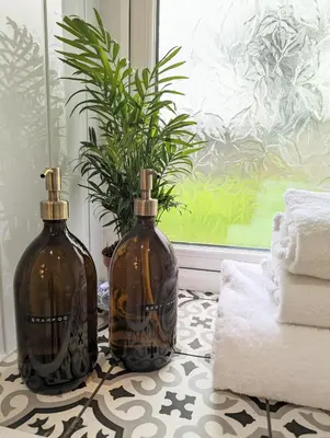 two bottles on a table with a plant in a bathroom at The Cottage @ 59 in Colmonell