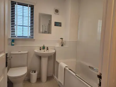a bathroom with a toilet and a sink and a tub at 10 Ladyknowe court in Moffat
