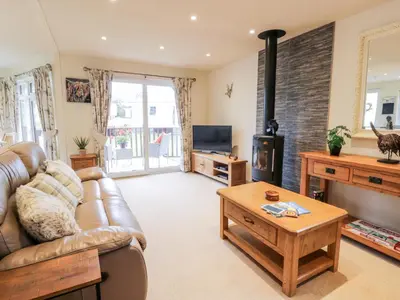 a living room with a leather couch and a wood stove at Eden Lodge in Newton Stewart
