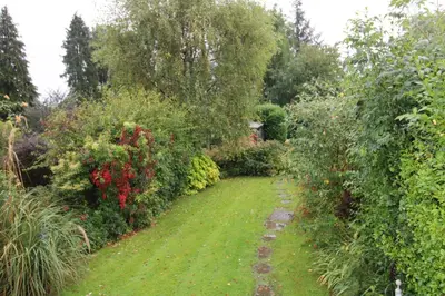 a garden with green grass and bushes and trees at Hill Cottage, Braithwaite with garden and fell views, dog friendly walks from the door, close to Bassenthwaite in Braithwaite