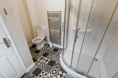 a bathroom with a toilet and a shower at Winnie's Cottage - 3 Bed Accommodation in Cumbria in Mealsgate