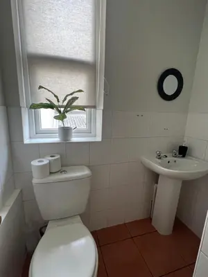 a bathroom with a toilet and a sink and a window at Elizabeth Grace House in Douglas