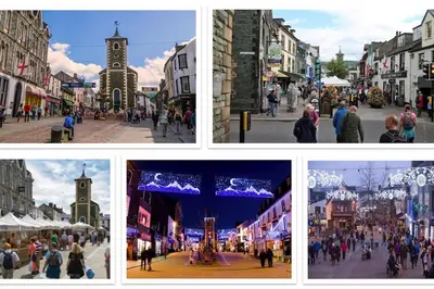 a collage of four pictures of a city street at Fell Top View - Fantastic Keswick Centre apartment in Keswick