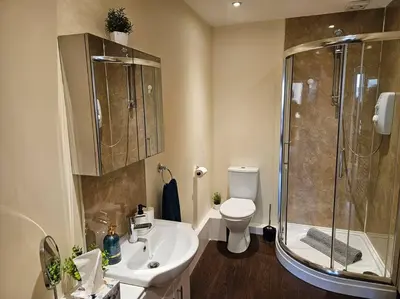 a bathroom with a shower and a sink and a toilet at Carlisle City Centre. Spacious Apartment. Ideal location. in Carlisle