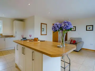 a kitchen with a vase of purple flowers on a counter at 1 Bed in Grinsdale Bridge 85163 in Carlisle