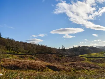 a grassy hill with a blue sky and clouds at Tarn Cottage in Grasmere