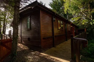 a wooden cabin with a wooden walkway leading to it at Buzzard Lodge with Hot-tub in Carlisle