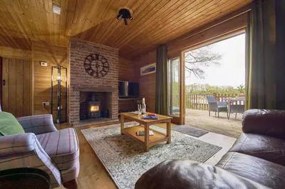 a living room with a couch and a fireplace at Gadwall Lodge with Hot-tub in Carlisle