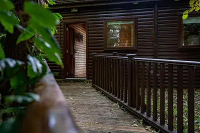 a wooden walkway leading to the door of a log cabin at Heron Lodge with Hot-tub in Carlisle