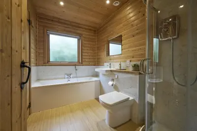 a bathroom with a toilet and a tub and a sink at Heron Lodge with Hot-tub in Carlisle