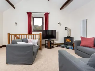 a living room with two couches and a television and a fireplace at 3 Bed in Boot SZ502 in Eskdale