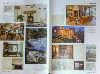 a page of a magazine with pictures of homes at Crocus Penruddock, dog & eco friendly lodge with hot tub in Penruddock