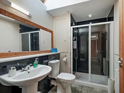 a bathroom with a toilet and a sink and a shower at 1 Bed in Balmaclellan CA371 in Castle Douglas