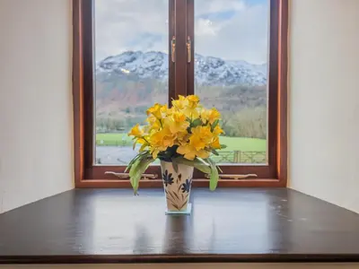 a vase with yellow flowers sitting on a table in front of a window at 3 Bed in Borrowdale SZ465 in Rosthwaite