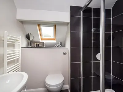 a bathroom with a shower and a toilet and a sink at 4 Bed in Keswick oc-sz219 in Grange