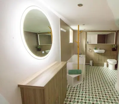 a bathroom with a mirror and a tub and a sink at Langdale Boulders, Ambleside, Fantastic views in Chapel Stile