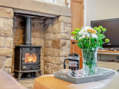 a vase of flowers on a table with a fireplace at 2 Bed in Bridekirk 93280 in Bridekirk