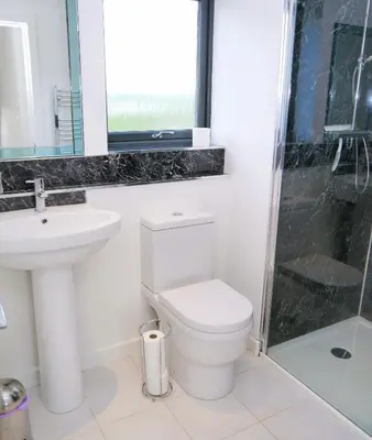 a bathroom with a toilet and a sink and a shower at The Longhouse in Castle Douglas