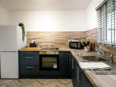 a kitchen with a sink and a refrigerator at Dumfries Apartment 2 in Dumfries