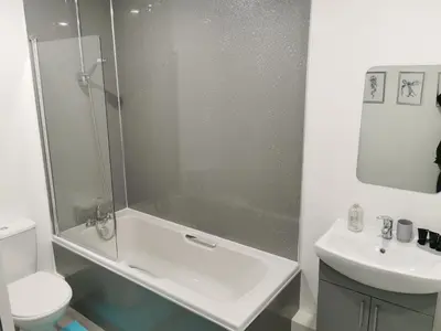 a bathroom with a shower and a toilet and a sink at Antrim Holiday Apartment in Ramsey