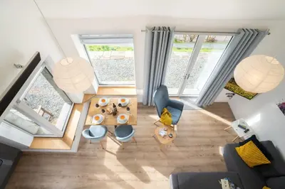 an overhead view of a living room with a couch and a table at Serene Retreat in Chapel Stile by LetMeStay in Ambleside