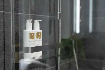a bathroom with two bottles ofodorizers on a glass shelf at Serene Retreat in Chapel Stile by LetMeStay in Ambleside