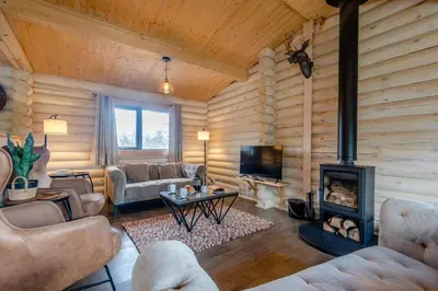 a living room with a fireplace in a log cabin at 3 Bed in Colvend oc-t28900 in Kippford