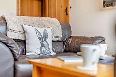 a brown leather couch with a rabbit pillow on it at 2 Bed in Irthington oc-v28308 in Irthington