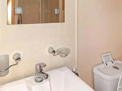 a bathroom with a sink and a mirror and a toilet at Forrest Lodge in Plumbland