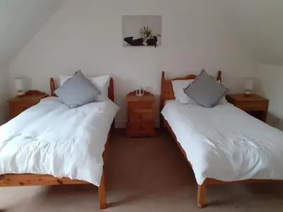 two beds in a room with white sheets and pillows at Odea Hot tub Holiday Cottage in Maxwelltown